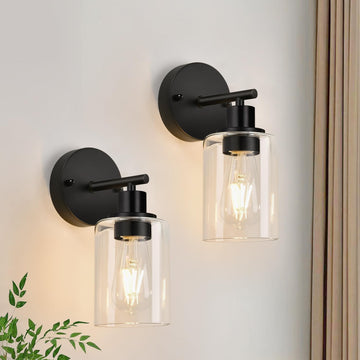 Set of 2 Wall Sconces ,Black Modern Vanity Lights with Clear Glass Shade,Bathroom Wall Lamp for Mirror Kitchen Living