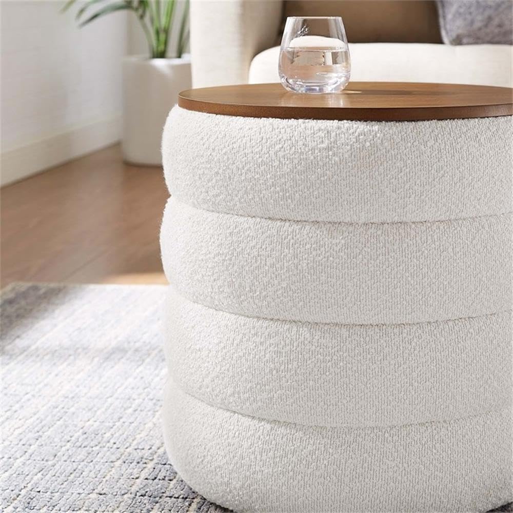 Mezzo Round Boucle Fabric Storage Ottoman Stool in Cloud - Channel Tufted Ottoman - Upholstered Footrest - Versatile