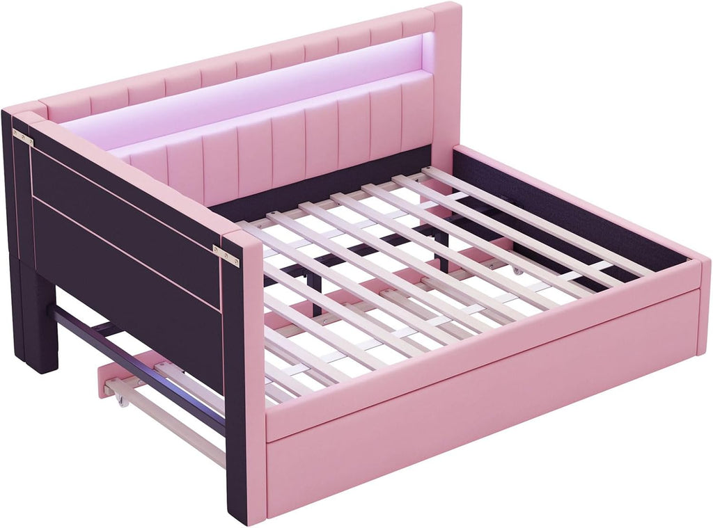 Full Size Upholstered Daybed with Trundle for Kids Bedroom,Super Cute Wooden Bedframe w/Led & USB Ports Design,Easy
