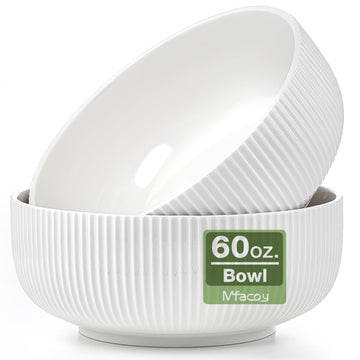 2 Pack Salad Bowl, 8 inch 60 oz Large Serving Bowl Set, Deep Bowl, White Ceramic Bowl Set for Soup, Cereal, Ramen