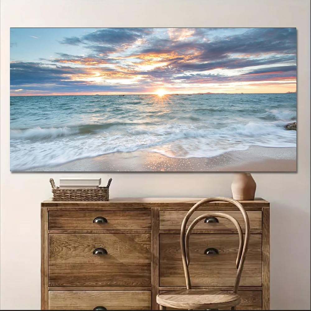 Large Canvas Wall Art Beach Artwork for Walls Coastal Wall Décor Seascape Prints Ocean Painting Sunset Picture Waves