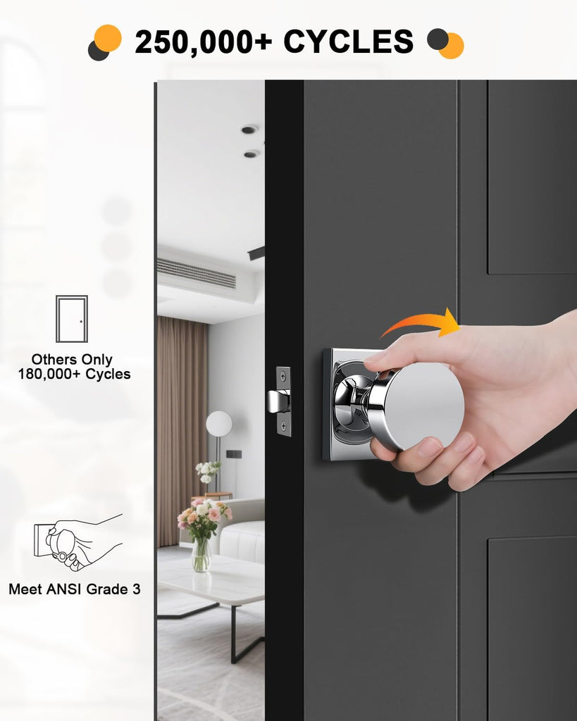 Polished Chrome Privacy Door Knobs with Square Rosette(5 Pack), Interior Heavy Duty Door Handles with Lock, Keyless
