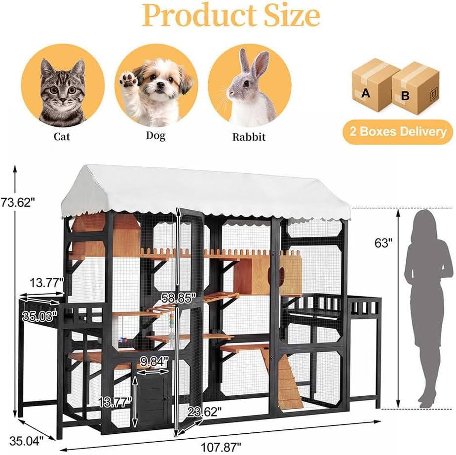 Large Outdoor Cat Enclosure Catio with Platforms & Bridges, 107" Wooden Cat House with Waterproof Roof, Walk-in Cat