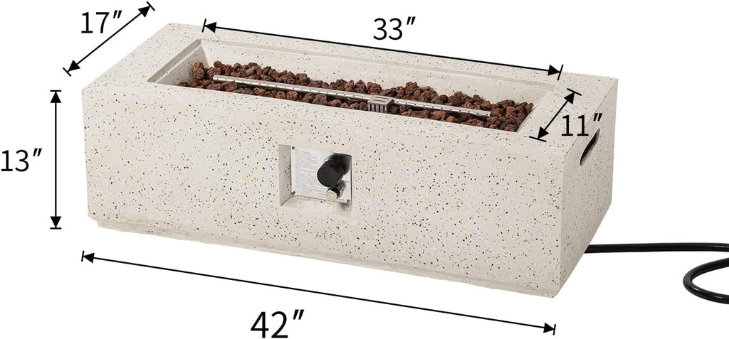 Outdoor Propane Fire Pit Coffee Table, 42-inch x 13-inch Terrazzo Rectangle Base Patio Heater w Certified, 50,000 BTU