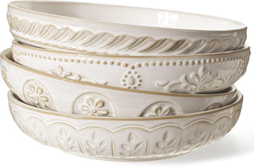 Pasta Bowls, 50oz Large Salad Serving Bowls, 9.75'' Plates Bowls Set of 4, Big White Ceramic Soup Bowls , Embossment