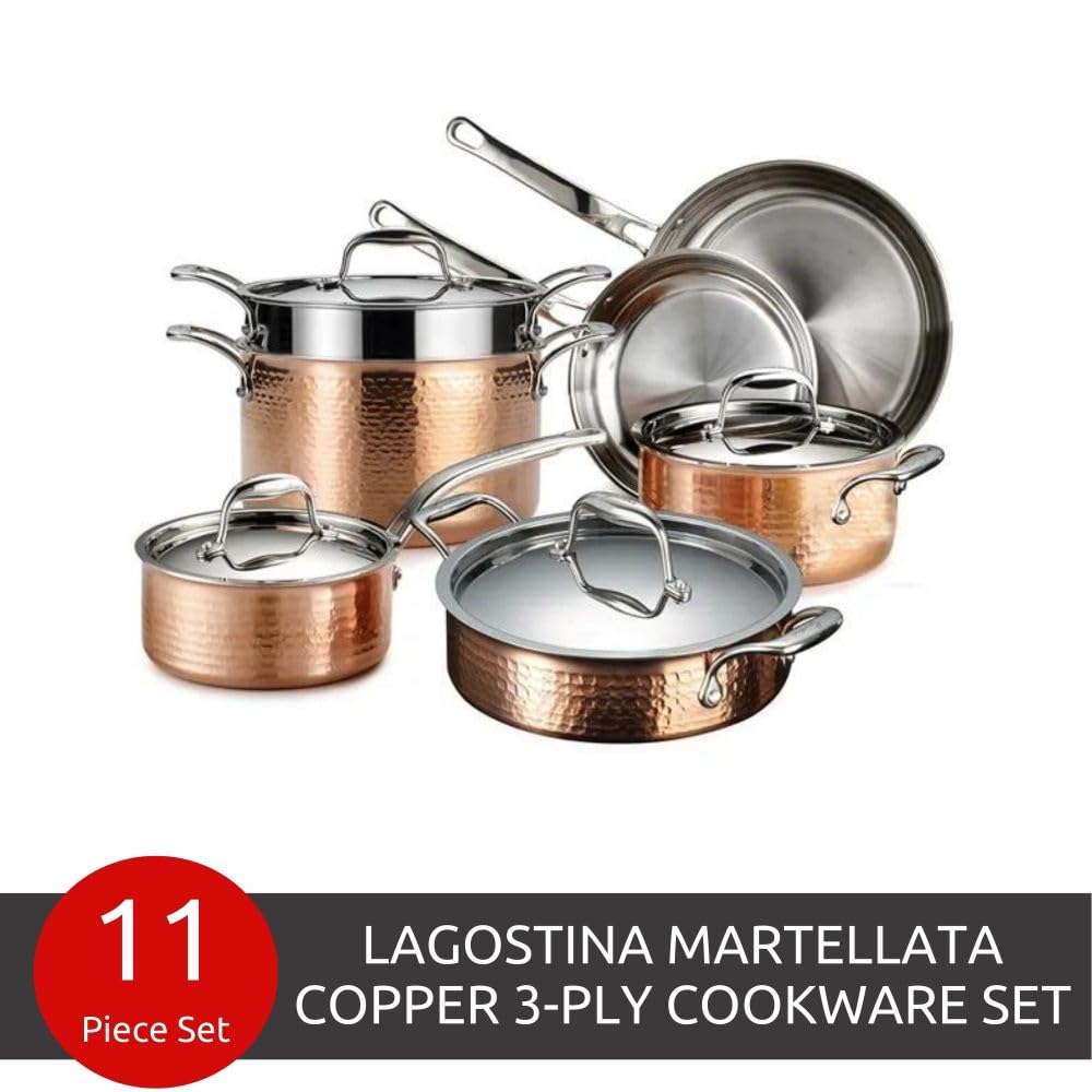 Martellata Tri-ply Hammered Copper 11 PC Pots and Pans Cookware Set, Copper