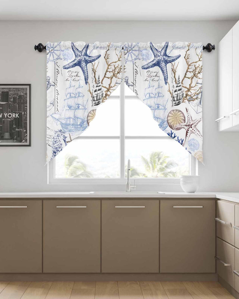 Coastal Nautical Swag Curtains Valance Windows, Ocean Blue Starfish Coral Shell Vintage Rod Pocket Curtain