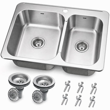 28" Double Bowl Stainless Steel Sink Drop-In Mount