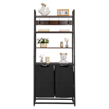 4 Tiers Laundry Sorter, Tall Laundry Hamper with Shelves and Hooks, 2 Section Freestanding Basket Organizer Storage