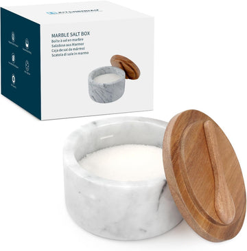 Marble Salt Cellar Box Bowl with Magnetic Built-in Spoon, Marble Salt Container with Acacia Wood Lid & Spoon, Elegant