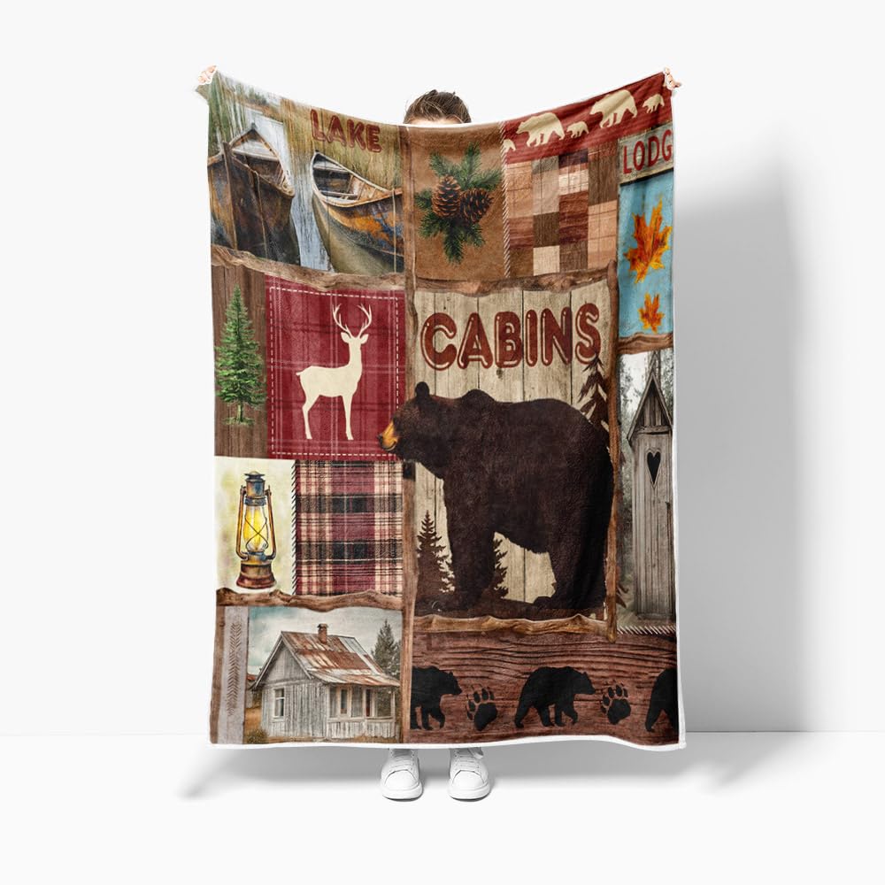 Rustic Cabin Throw Blankets, Vintage Country Antique Lodge Bear Deer Lake Maple Flannel Cozy Fuzzy Plush Couch Throw