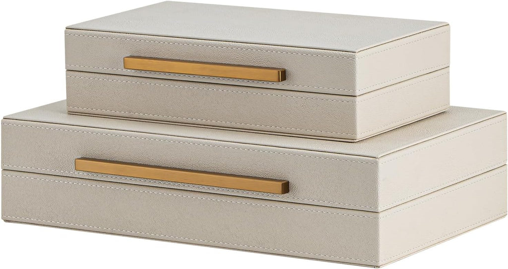 Beige Shagreen Decorative Storage Boxes with Gold Metal Handles - Faux Leather Jewelry & Memory Boxes - Set of 2