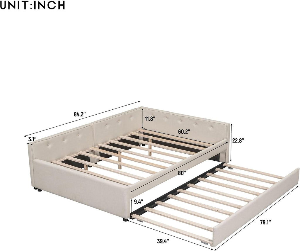 Queen Daybed with Pull Out Trundle, Linen Upholstered Bed with Built-in USB Ports, Solid Wood Day Bed Frame with Twin