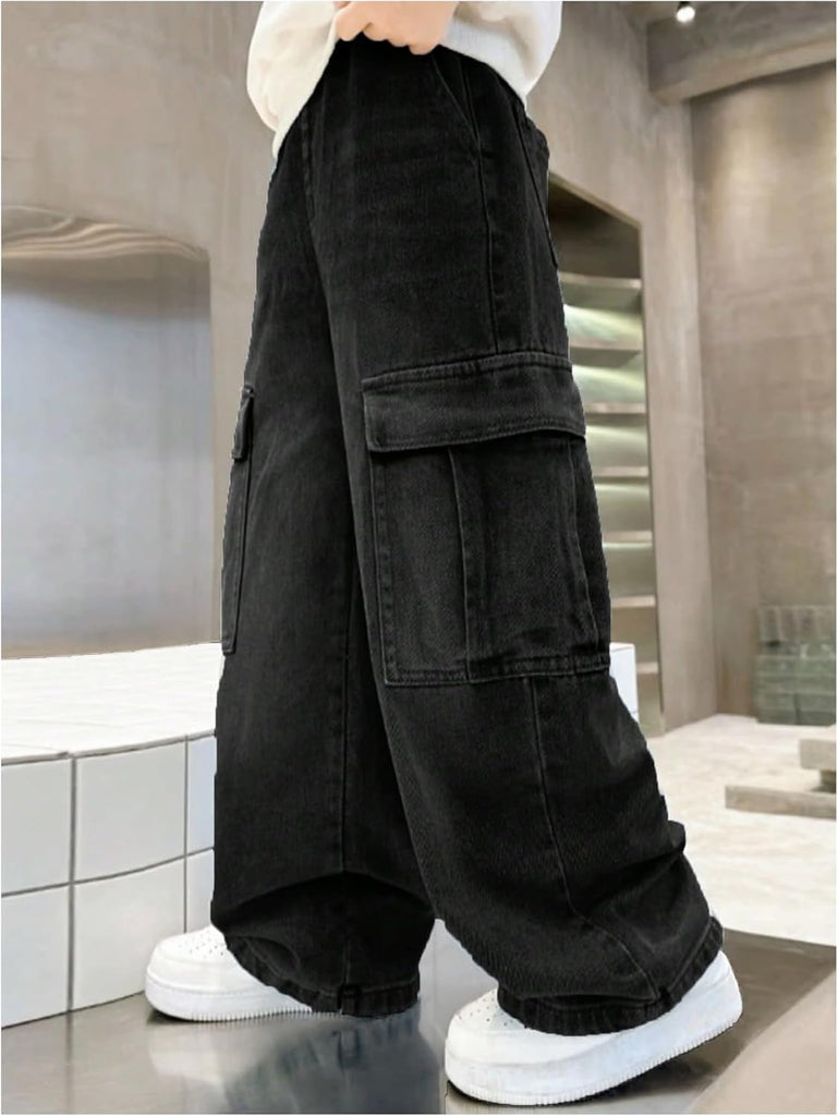 Boys Jeans Baggy Straight Leg Denim Cargo Pants with Pockets