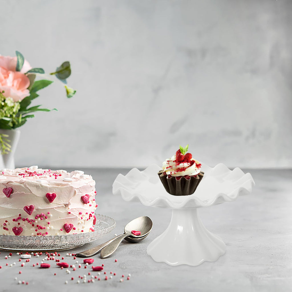 Ceramic Cake Stand Decorative Pedestal Dessert Display Plate with Scalloped Edge 5.70 X 5.70 X 3.54 in for Cupcakes