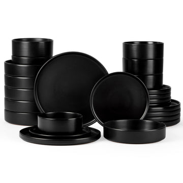 Stoneware Dinnerware Set with Pasta Bowl, 24Pcs Black Dish Set for 6