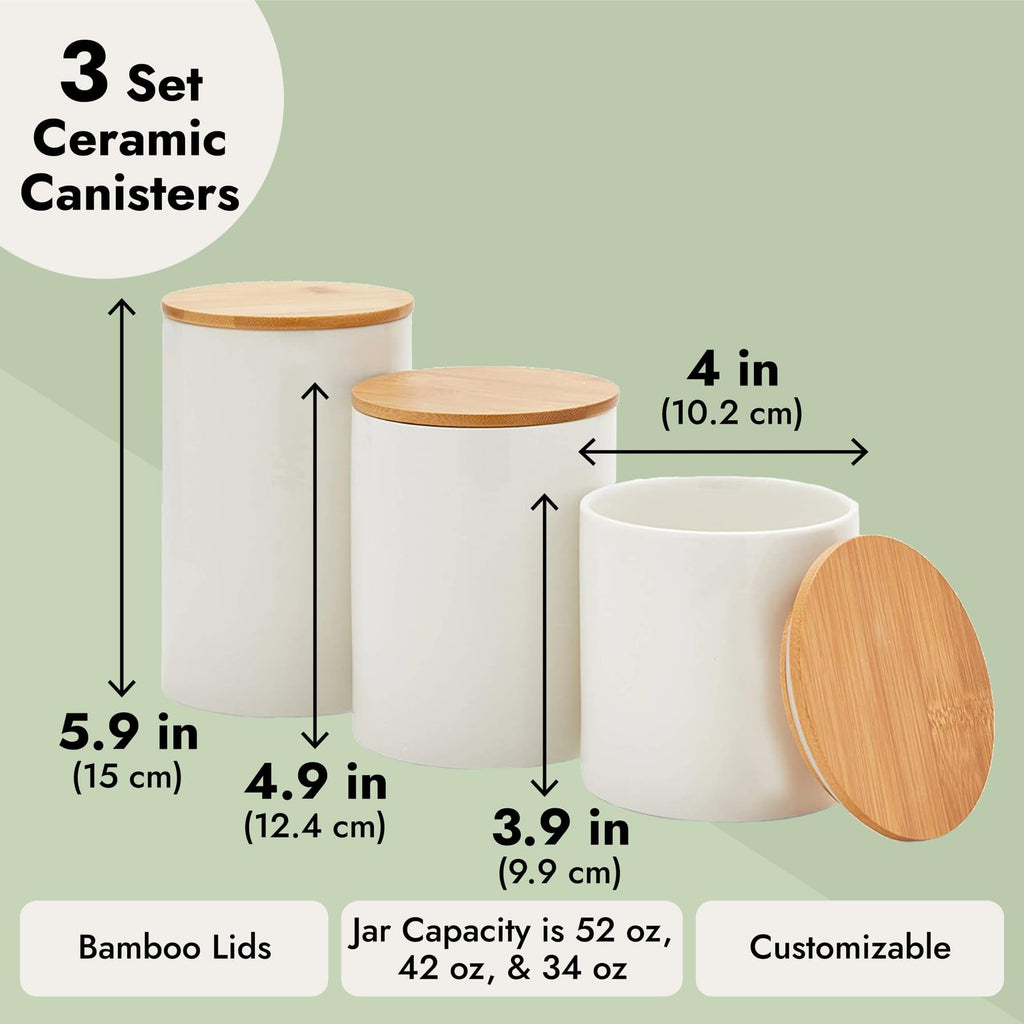 White Ceramic Canisters - Coffee Canisters with Airtight Wood Lids - Countertop Coffee Tea Sugar Container Set