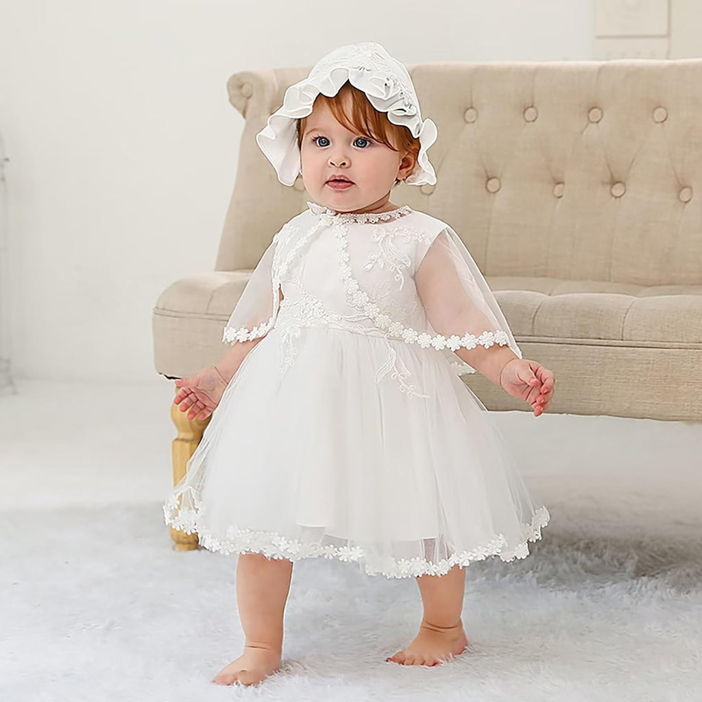 Baby Girls White Christening Dress With Bonnet Baptism Gown Lace Dress for Wedding Birthday