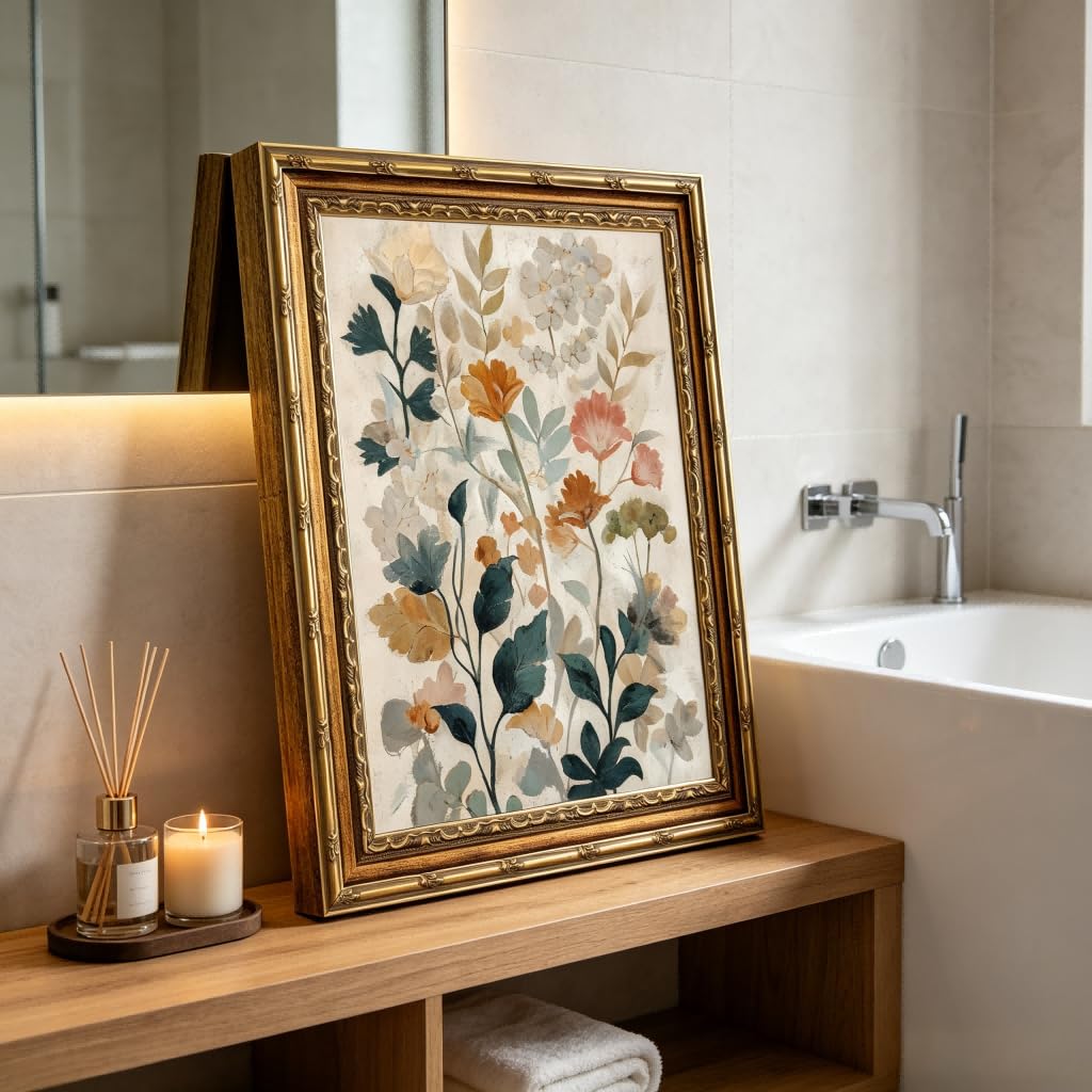 Gold Framed Beige Floral Canvas Wall Art Vintage Country Botanical Earth Tone Flower painting Decor Pictures Boho