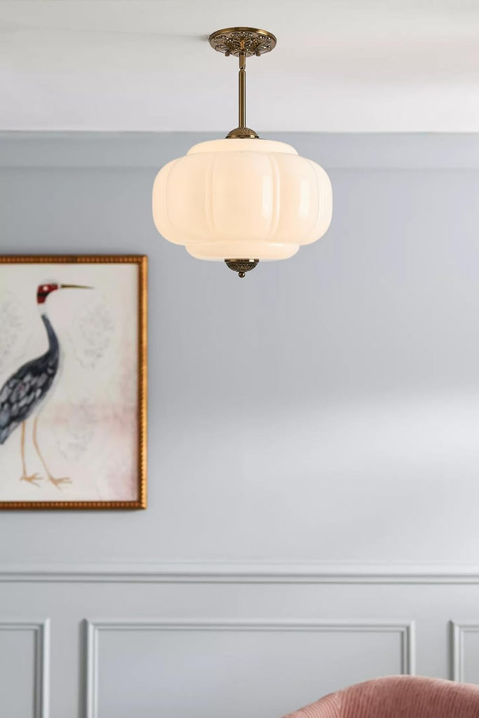 Milk Glass Ceiling Light Fixture, 15" Vintage Semi Flush Mount Pendant Light with Antique Brass Finish, Schoolhouse
