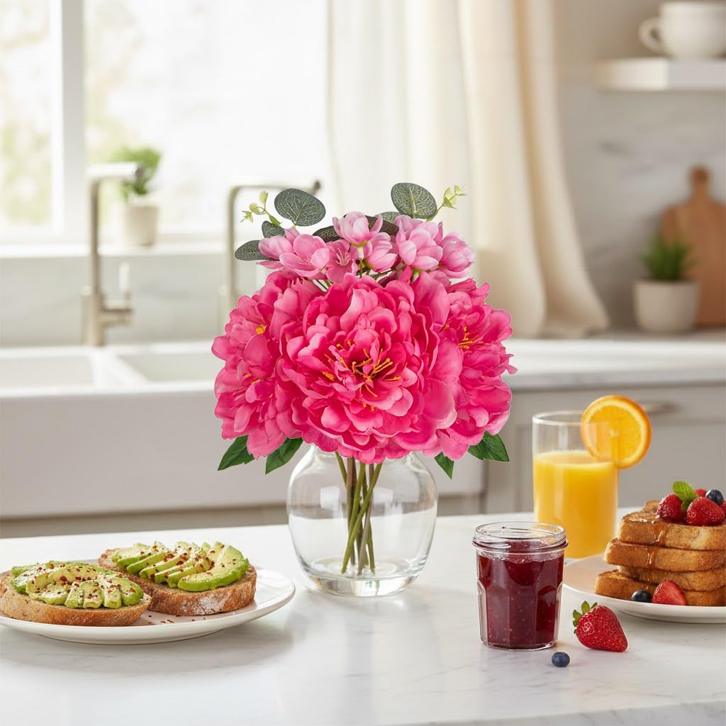Fake Flowers in Vase Pink Peonies Artificial Flowers Peony Bouquet Silk Flower Arrangements with Glass Vase with Faux