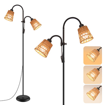 Black Arc Floor Lamps, Adjustable Rattan Shades