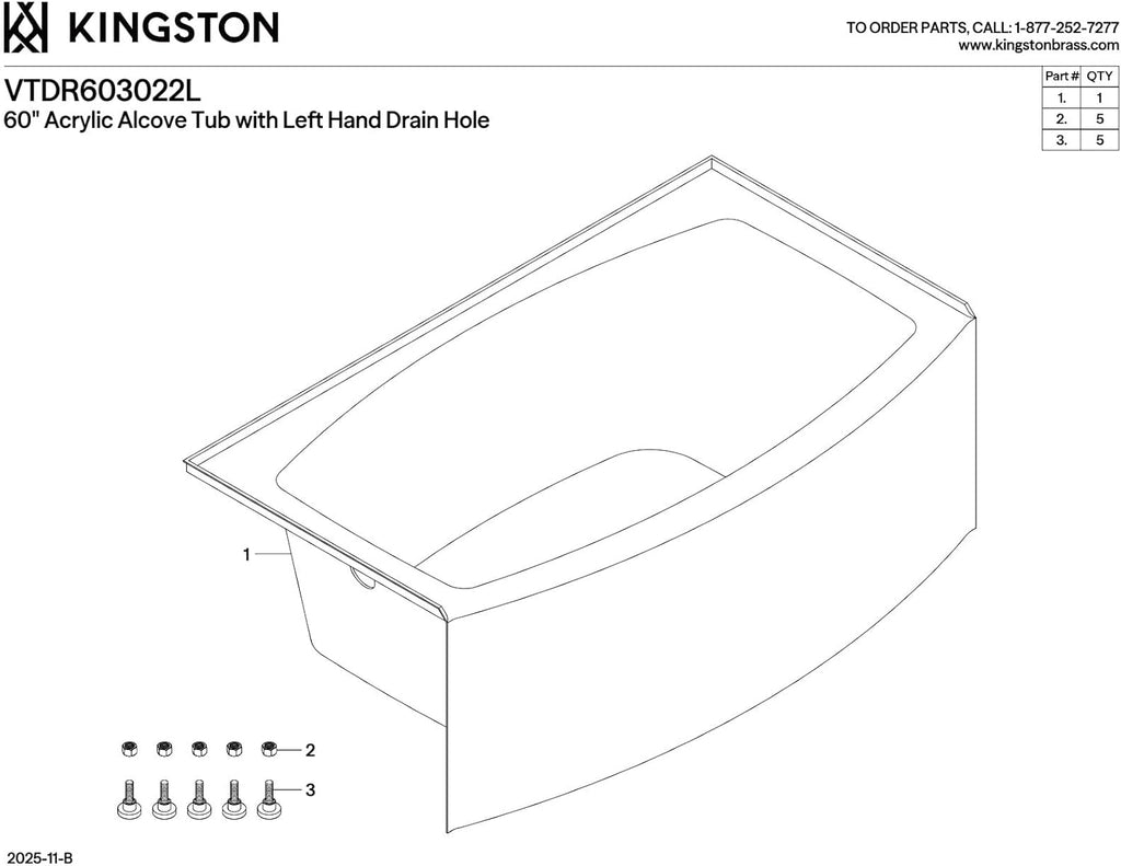 VTDR603022L 60-Inch Acrylic Curved Apron 3-Wall Alcove Tub with Left Hand Drain Hole, White