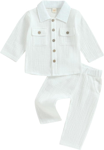 Toddler Boy Linen Outfit Baby Boy Fall Winter Clothes Set Button-Down Shirt Tops Cotton Linen Pants 2PCS