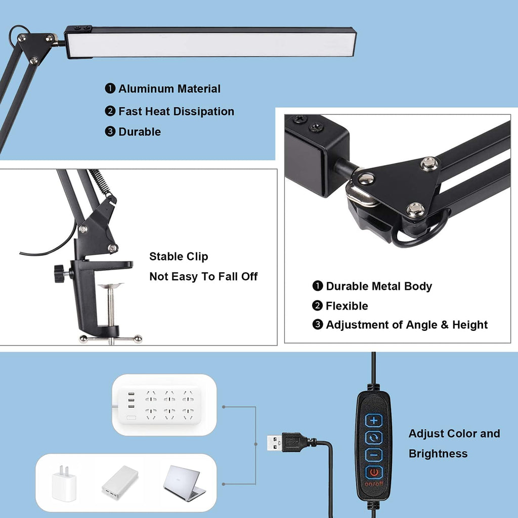 LED Desk Lamp,Reading,Adjustable Eye-Caring Desk Light with Clamp,Swing Arm Lamp Includes 3 Color Modes,10