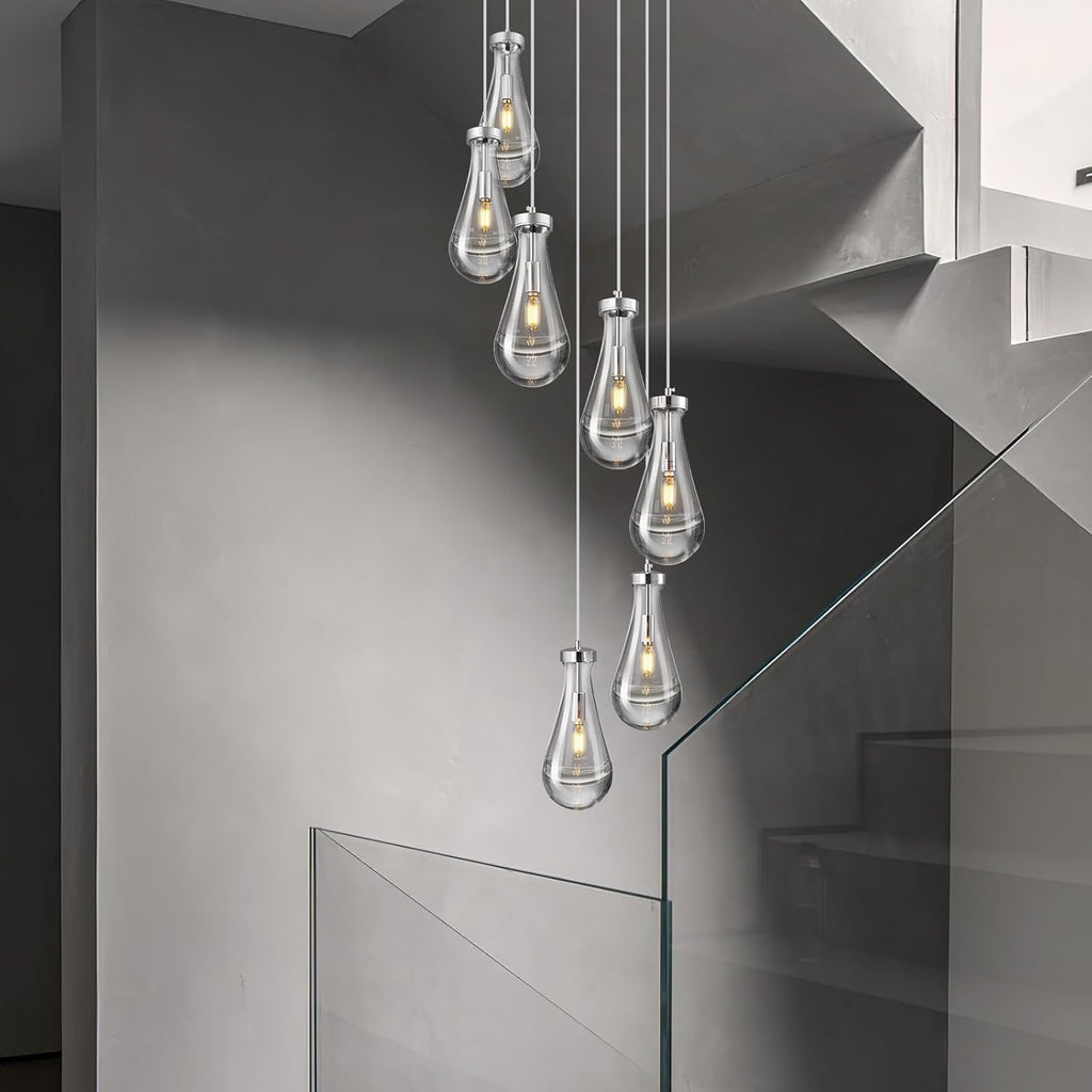 Raindrop Pendant Lights Kitchen Island Teardrop Chrome Hanging Light Fixtures Clear Solid Glass Pendant Light Modern Chandeliers for Dining Room Porch Corridor Living Room (7-Light) A121-B0CJF5LHJ9