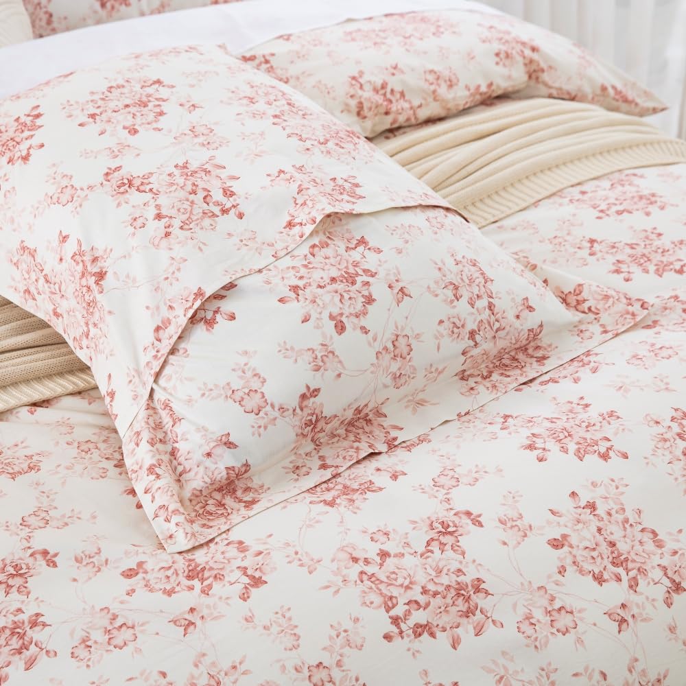 Duvet Cover Set - 90"x90" Cover + 2 Shams, 100% Cotton Print Bedding Sets, Toile Rose Floral Pattern, Pale