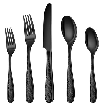Hammered Silverware Set, 30PCS Black Flatware Set for 6 Mirror Finish Stainless Steel Eating Utensils Sets Include