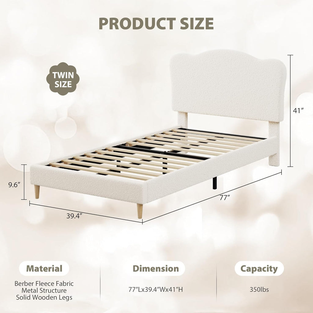 Upholstered Sturdy Twin Bed Frame for Kids, Girls, Boys, Beige | Scallop Headboard, Cute Velvet Platform Bed, No Box