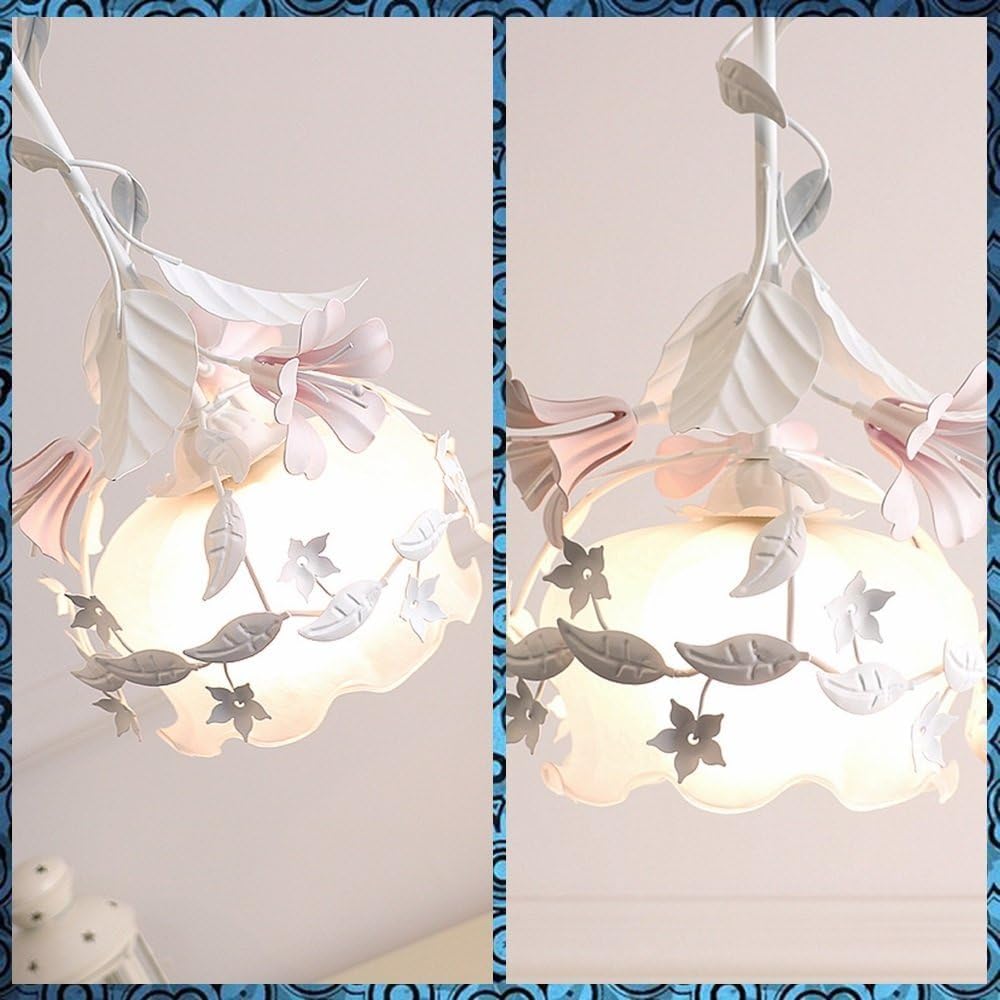 White Wrought Iron Floral Pendant Chandelier with Pink Lily Flowers & Frosted Glass Shade, 8.7" W