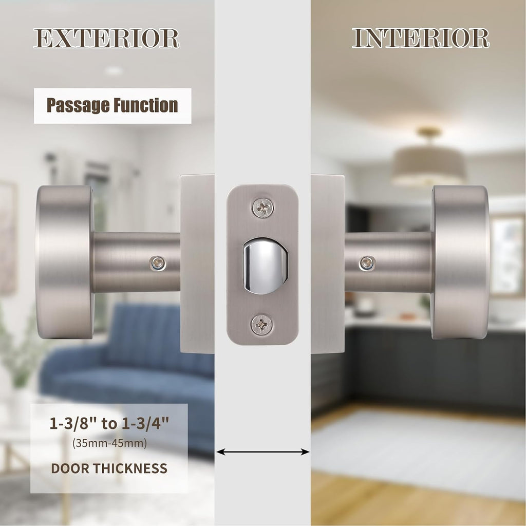 Satin Nickel Passage Door Knobs Interior, Brushed Nickel Door Knob for Closet and Hallway, Modern Interior Round Door