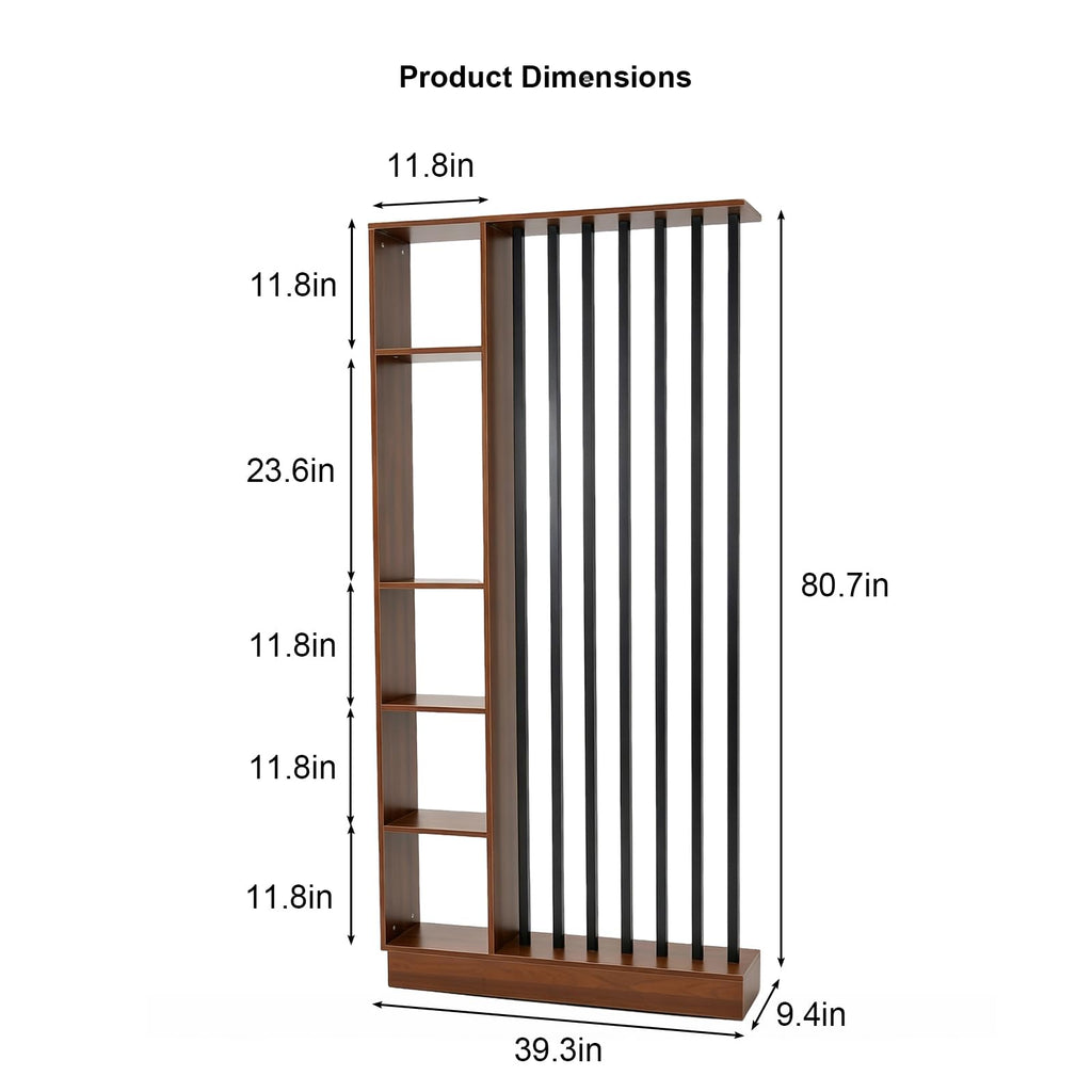 Freestanding Room Divider with Storage Shelves, Slatted Partition Bookcase