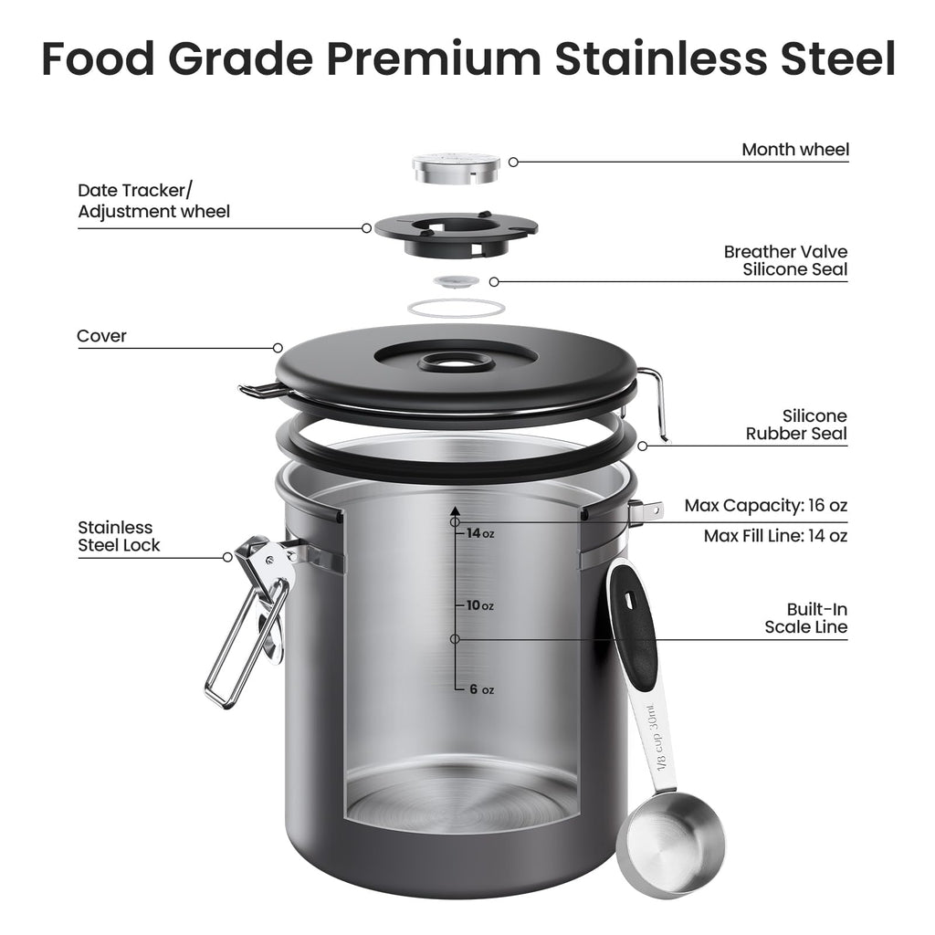 Coffee Canister, Airtight Stainless Steel Food Storage Container,16OZ