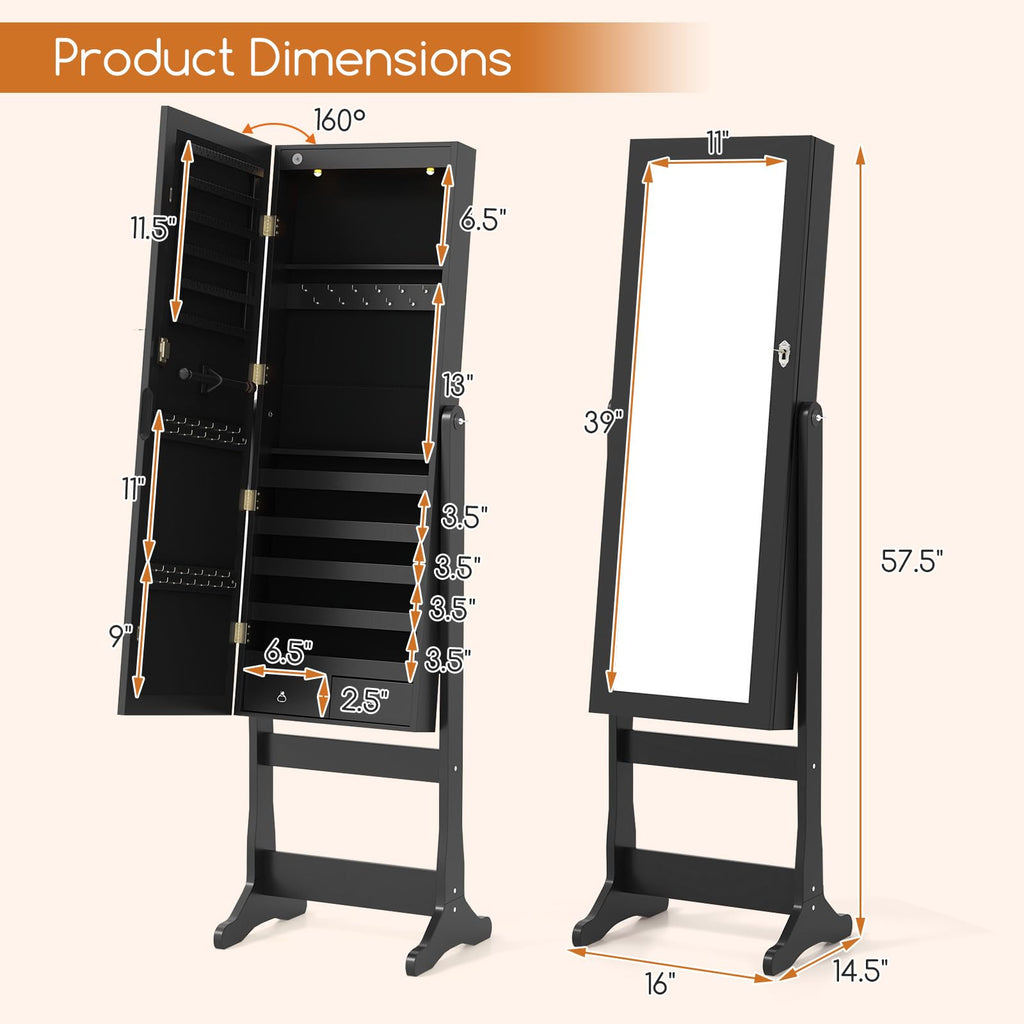 Standing Jewelry Cabinet with Full Length Mirror, 2 LEDs, Lockable