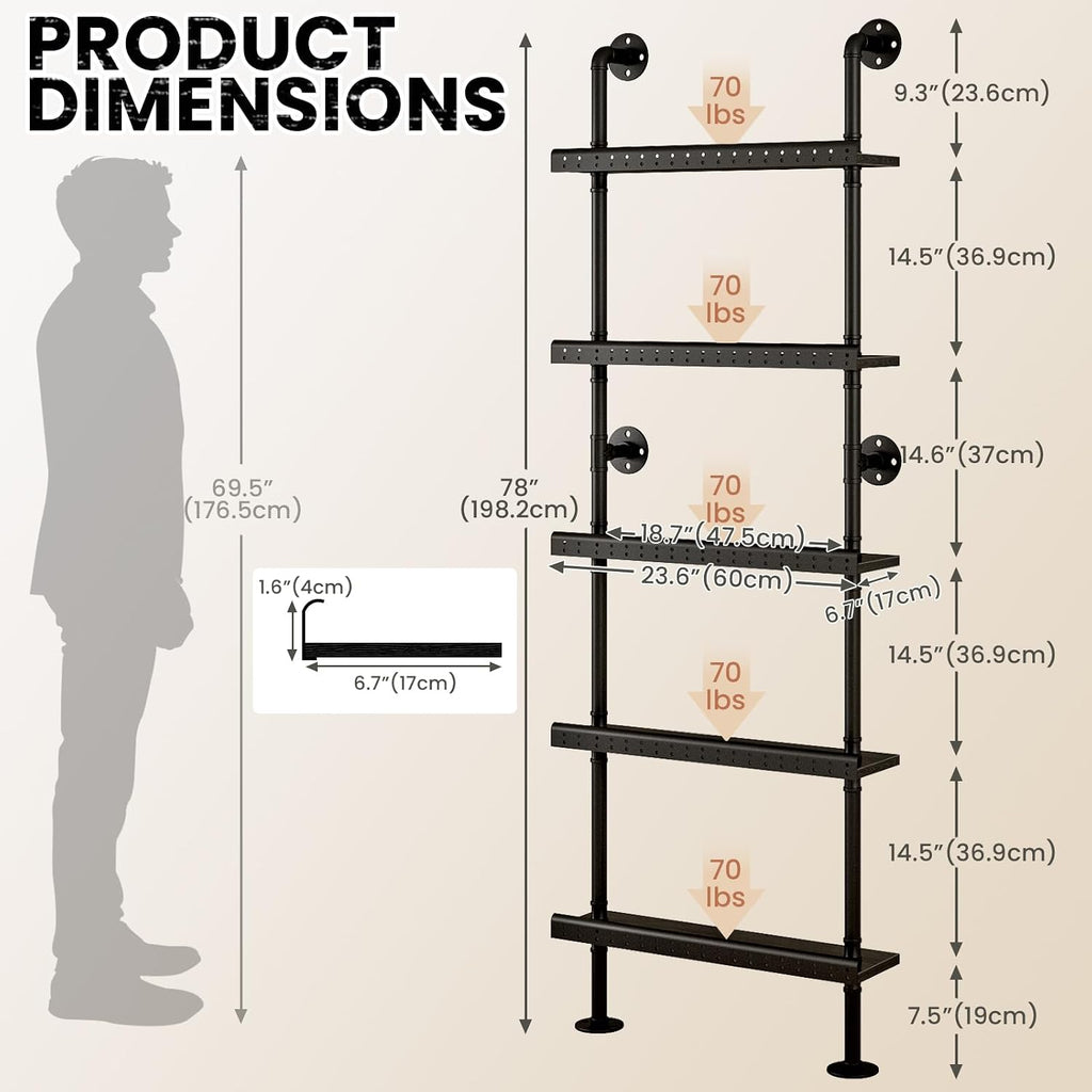 5-Tier Industrial Bar Shelves Wall Mounted, 78" Tall Pipe Wine Rack with Anti-Fall Guards, Wall Mounted Bar Shelves