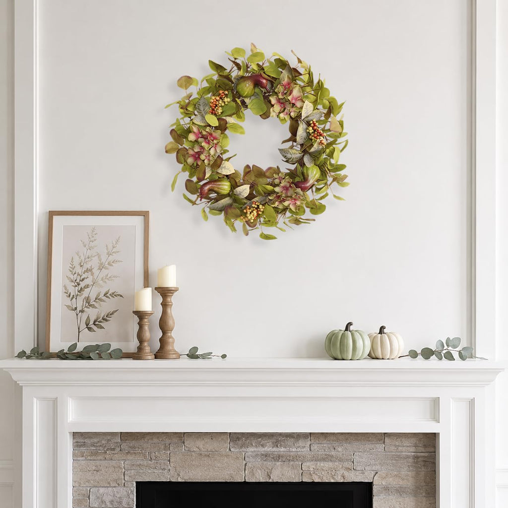 18 Inch Hydrangea Fall Wreath with 3 Pumpkins and 3 Berry Clusters