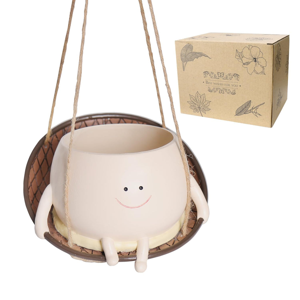Hanging Swing Chair Planter Pot Smiley Face Planter for Indoor Outdoor Plant Cute Head Resin Flower Pots for String