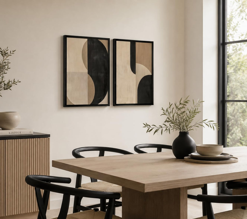 Framed Abstract Geometric Wall Art Beige Black Modern Canvas Print Modern Painting Poster Picture Gallery Artwork