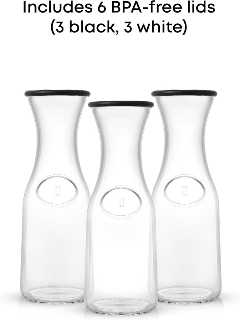 Glass Carafe with Lid, Set of 3 - 1 Liter Glass Pitcher for Mimosa Bar, Water, Iced Tea, Juice, Wine, Lemonade, Milk