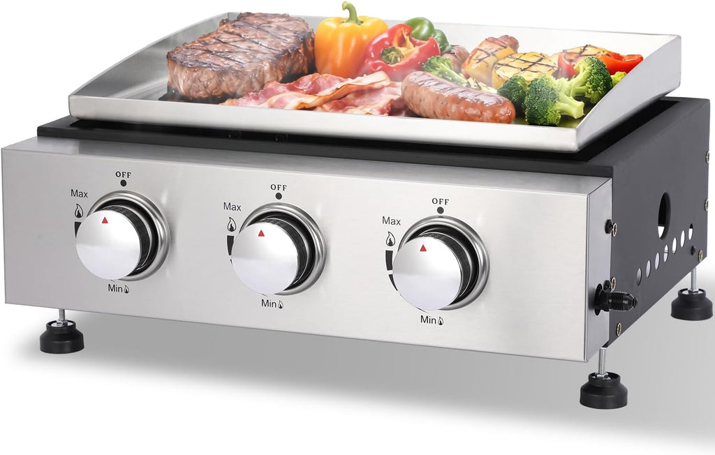 3-Burner Portable Tabletop Propane Gas Griddle, Stainless Steel Cooking Surface with Protective Cover and Regulator for Camping, Tailgating, and Outdoor Cooking