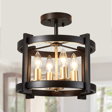 4-Light Semi Ceiling Light Flush Mount BK+GD Farmhouse Rustic Vintage Antique Ceiling Light Fixture Entryway Gazebo