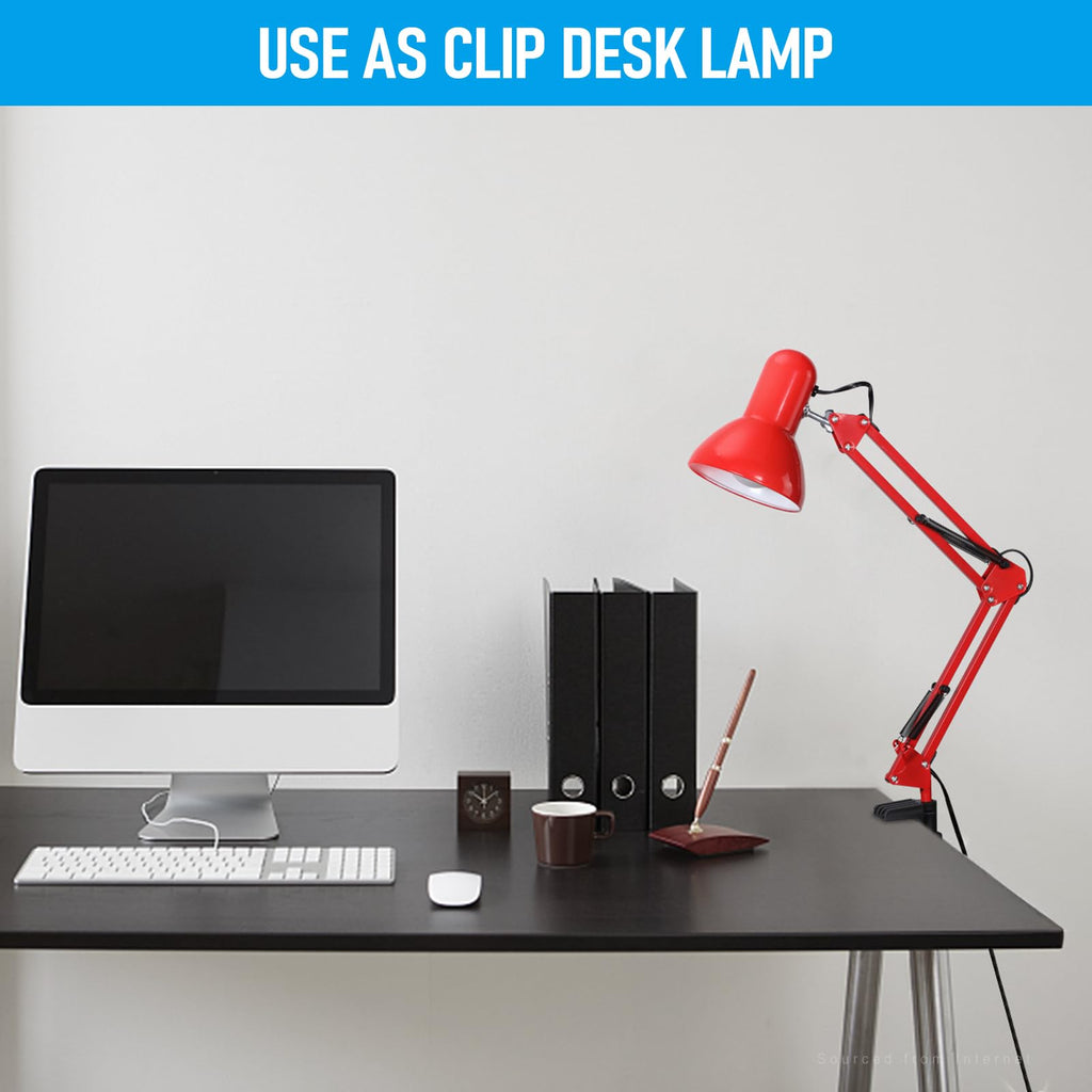 Metal Desk Lamp, Adjustable Swing Arm, E26, Red