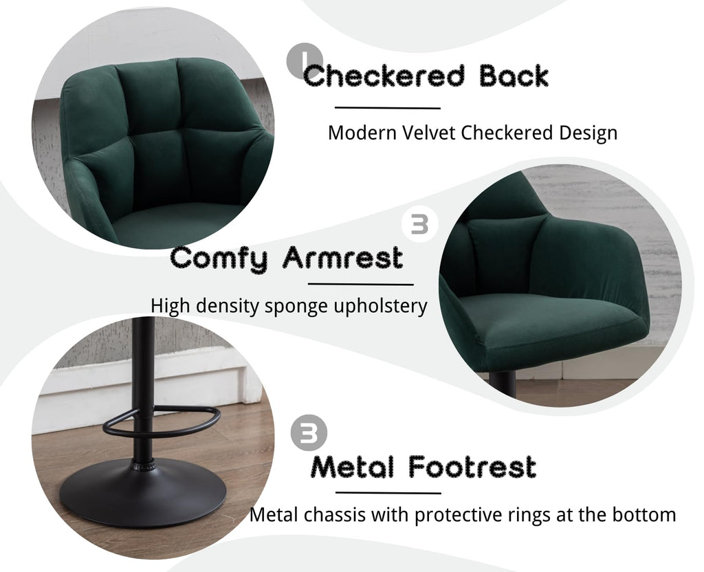 Swivel Bar Stools Set of 4 Modern Velvet Counter Barstools with Back and Arms Adjustable Bar Height Bar Stool Chairs