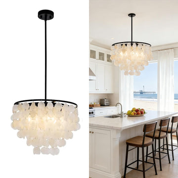 4-Lights Capiz Shell Chandelier - 17.7" Coastal Chandelier For Dinning Room, Beach House Modern Black Light Fixture