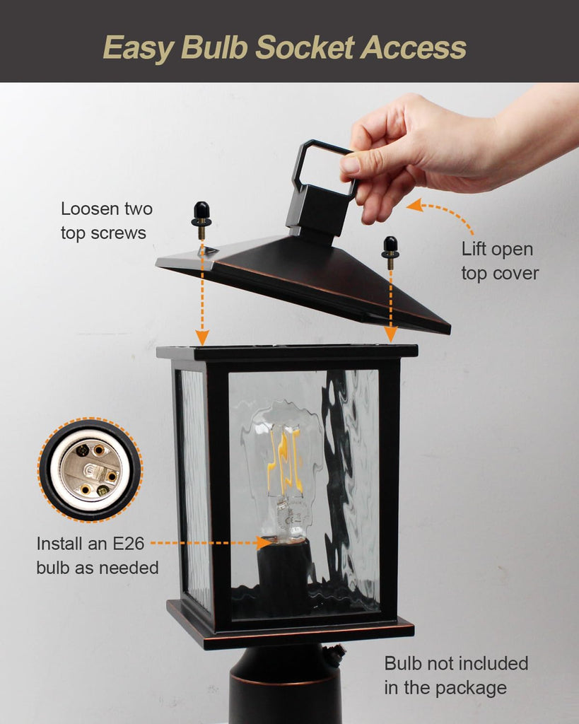 Dusk to Dawn Outdoor Post Light, Hardwired Oil-Rubbed Bronze Pole Lantern with Pier Mount Base, Water Ripple Glass