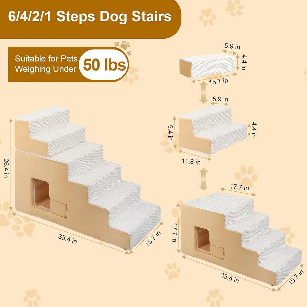 Dog Stairs for Small Dogs 27"H, 6-Step Dog Steps for High Bed, High-Density Foam Pet Stairs with Non-Slip Removable